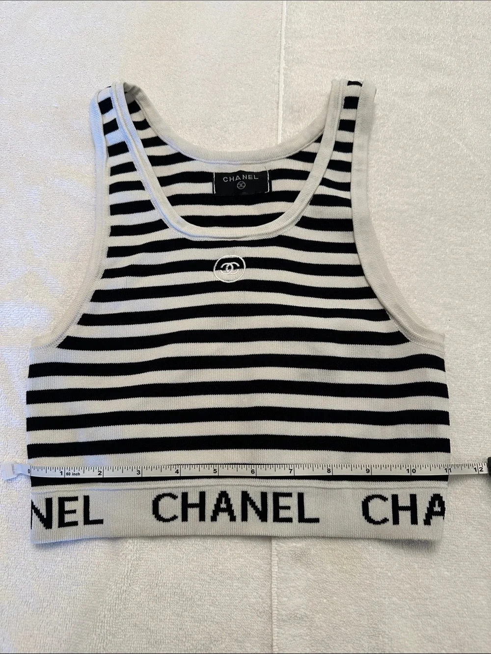 CHANEL Black and White Striped Cropped Knit Tank with Logo Hem